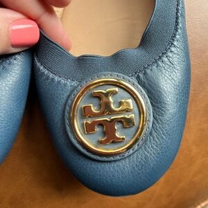 Tory Burch Navy Leather Ballet Flats with Gold Emblem